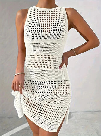 Kadın Kolsuz Derin Sırt Dekolteli Ajurlu Triko Pareo