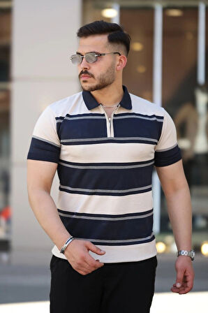 Erkek Yakalı Fermuarlı çift Renk Kısa Kollu Tshirt