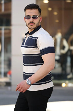 Erkek Yakalı Fermuarlı çift Renk Kısa Kollu Tshirt