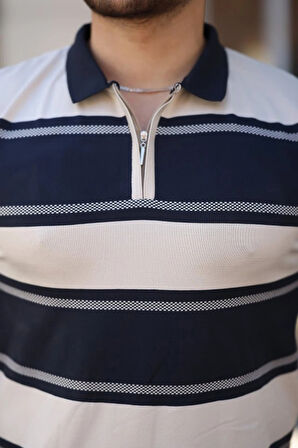 Erkek Yakalı Fermuarlı çift Renk Kısa Kollu Tshirt