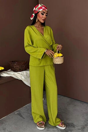 Kruvaze odel Klasik Pantolonlu Çupra Keten Takım 10191