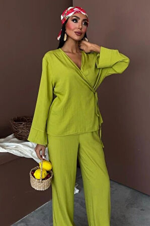 Kruvaze odel Klasik Pantolonlu Çupra Keten Takım 10191