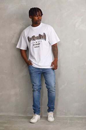 Unisex Baskılı Oversize Thirt  Beyaz
