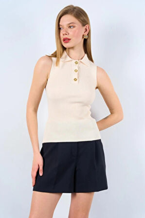 Patlı Düğmeli Triko Atlet  Beyaz Kayısı