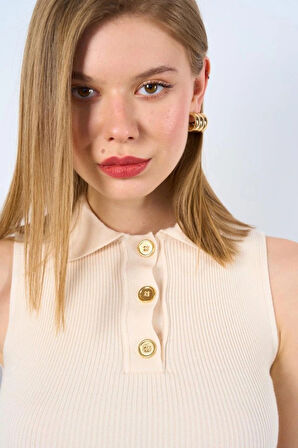 Patlı Düğmeli Triko Atlet  Beyaz Kayısı