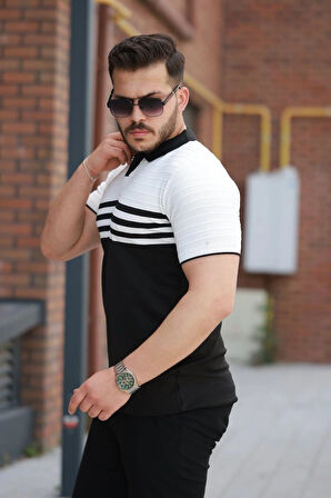 Erkek çizgi Desenli Yakalı Kısa Kollu Tshirt