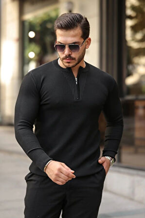 Erkek Fermuarlı Bisiklet Yaka Dokulu Uzun Kollu Triko