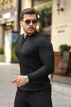 Erkek Fermuarlı Bisiklet Yaka Dokulu Uzun Kollu Triko