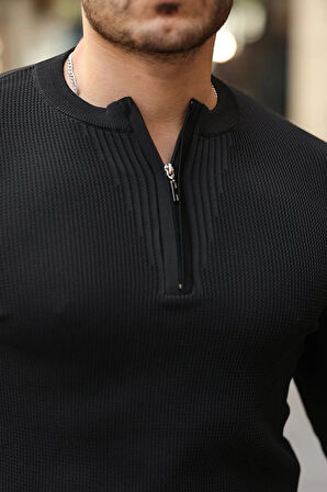 Erkek Fermuarlı Bisiklet Yaka Dokulu Uzun Kollu Triko