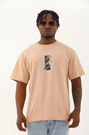 Unisex Oversize Baskılı Bisiklet Yaka Thirt  Bej