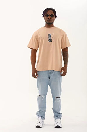 Unisex Oversize Baskılı Bisiklet Yaka Thirt  Bej