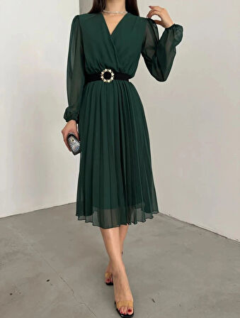 Kadın şifon Kumaş Astalı Kloş Kesim Kruvaze Yaka idi Boy Elbise