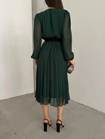 Kadın şifon Kumaş Astalı Kloş Kesim Kruvaze Yaka idi Boy Elbise