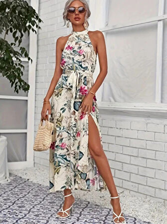 Kadın Omuzlardan Açık Halter Yakalı Yırtmaçlı çiçek Desenli Süprem Elbise
