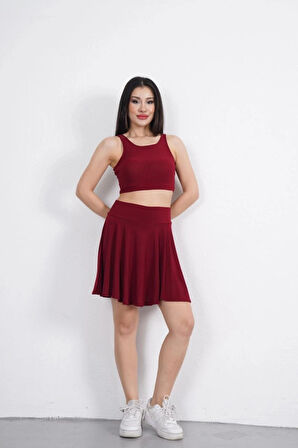 endy Kumaş Bisiklet Yaka Crop Şortlu Etek Ikili Takım  Bordo