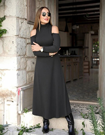 Kadın Balıkçı Yaka Omuzlardan Açık Uzun Kollu Janjan Krep Elbise