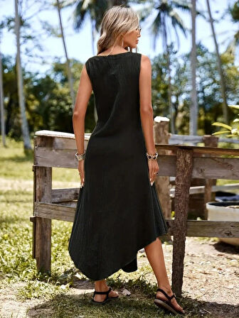 Kadın Askılı Yuvarlak Yaka Düğmeli Asimetrik Kesim Detaylı Ithal Keten Elbise