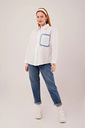 Çizgili Cep Detaylı Beyaz Gömlek