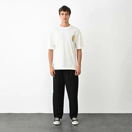 Unisex Bisiklet Yaka Baskılı Oversize Thirt  Beyaz