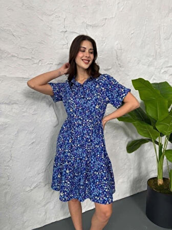 Baskılı Keten Elbise  LacivertBeyaz