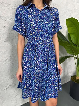 Baskılı Keten Elbise  LacivertBeyaz