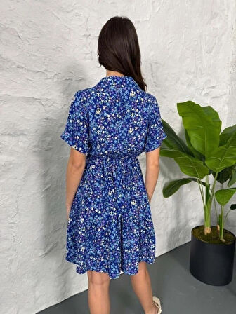 Baskılı Keten Elbise  LacivertBeyaz