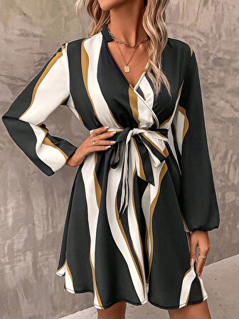 Kadın Uzun Kollu Kruvaze Yakalı Desenli Modal Mini Elbise