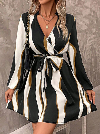 Kadın Uzun Kollu Kruvaze Yakalı Desenli Modal Mini Elbise