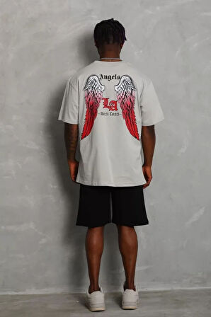 Unisex Oversize Baskılı Bisiklet Yaka Thirt  Gri