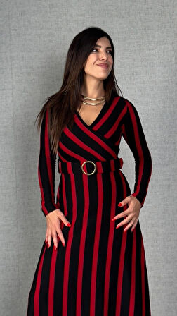 Kadın Uzun Kollu Kruvaze Yaka Kemer Dahil çizgili Triko Elbise
