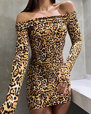 Kadın adonna endil Yaka Leopar Desen ini Elbise