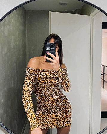 Kadın adonna endil Yaka Leopar Desen ini Elbise