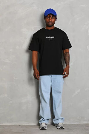 Unisex Oversize Baskılı Bisiklet Yaka Thirt  iyah