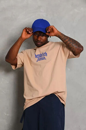 Unisex Oversize Baskılı Bisiklet Yaka Thirt  Bej