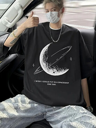 Baskılı Oversize Bisiklet Yaka Tshirt  iyah