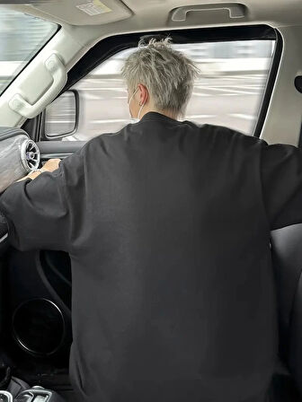 Baskılı Oversize Bisiklet Yaka Tshirt  iyah