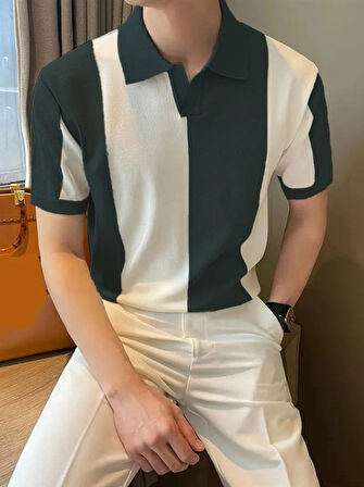 Erkek Kısa Kollu Polo Yakalı Blok Desenli Triko Bluz