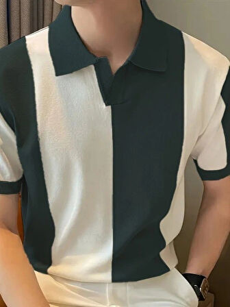 Erkek Kısa Kollu Polo Yakalı Blok Desenli Triko Bluz