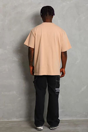 Unisex Oversize Düz Bisiklet Yaka Thirt  Bej