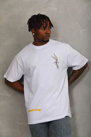 Unisex Oversize Baskılı Bisiklet Yaka Thirt  Beyaz