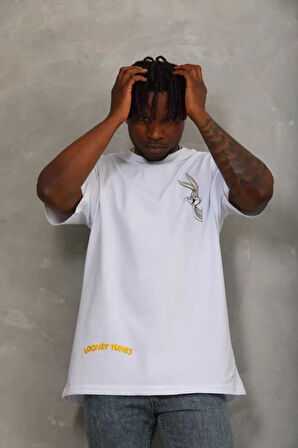 Unisex Oversize Baskılı Bisiklet Yaka Thirt  Beyaz