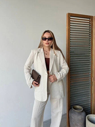 Keten Ceket Pantolon Ikili Takım  Beyaz