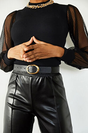 Kadın iyah Kolu Tül Detaylı Yarım Balıkçı Kaşkorse Bluz