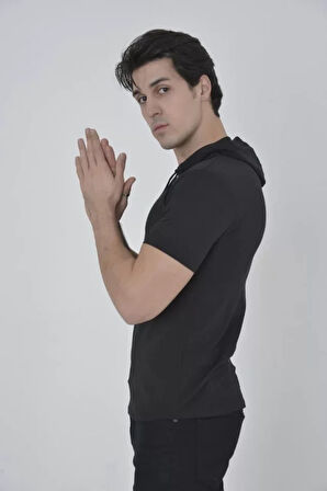 Erkek Kapşonlu lim Fit Tshirt  iyah