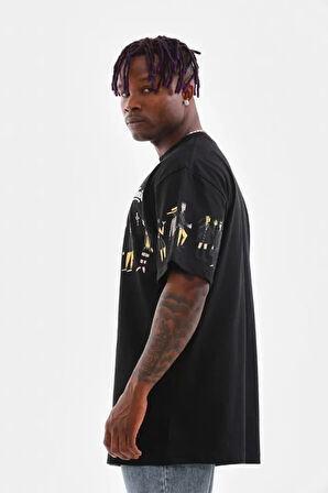 Unisex Bisiklet Yaka Baskılı Oversize Thirt  iyah