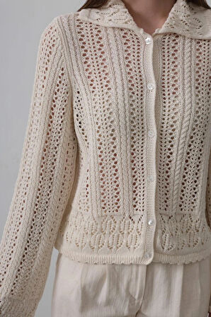 Gömlek Yaka Uzun Kol Triko  Ekru