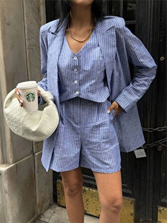 ÇİZGİİ KETEN CEKET YEEK ŞORT TK  avi