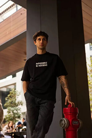 Unisex Bisiklet Yaka Baskılı Oversize Thirt  iyah