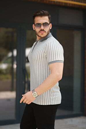 Erkek çizgili Fermuar Yakalı Kısa Kollu Tişört