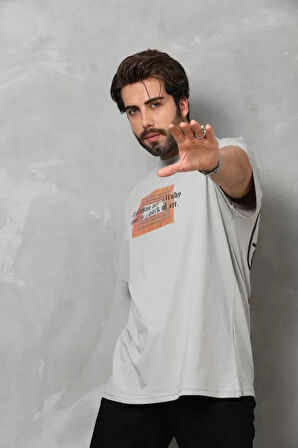 Unisex Bisiklet Yaka Baskılı Oversize Thirt  Gri